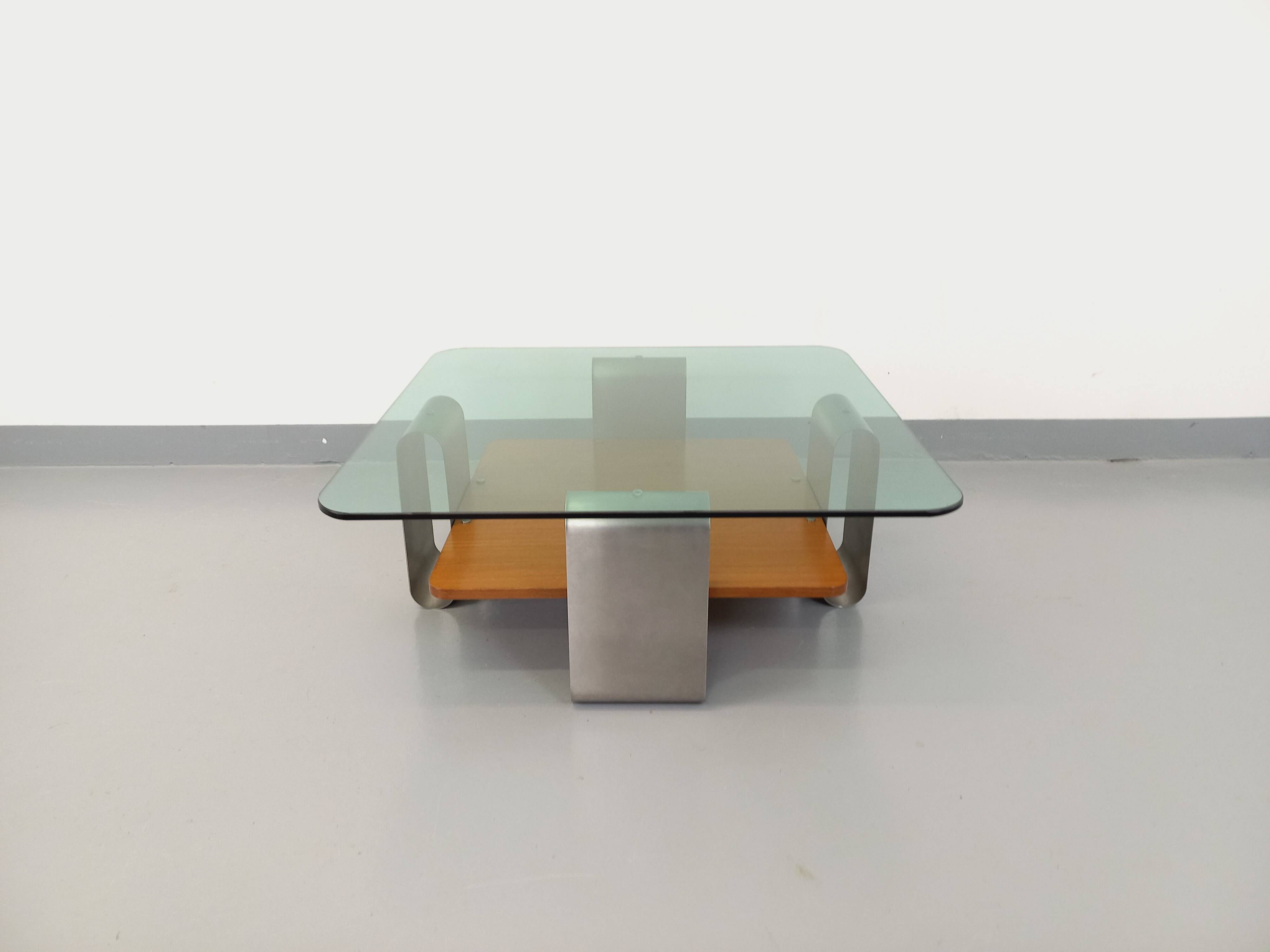 Square coffee table with 2 trays, vintage Space Age style from the 70s, in bluish smoked glass, teak