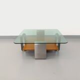 Square coffee table with 2 trays, vintage Space Age style from the 70s, in bluish smoked glass, teak