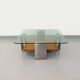 Square coffee table with 2 trays, vintage Space Age style from the 70s, in bluish smoked glass, teak