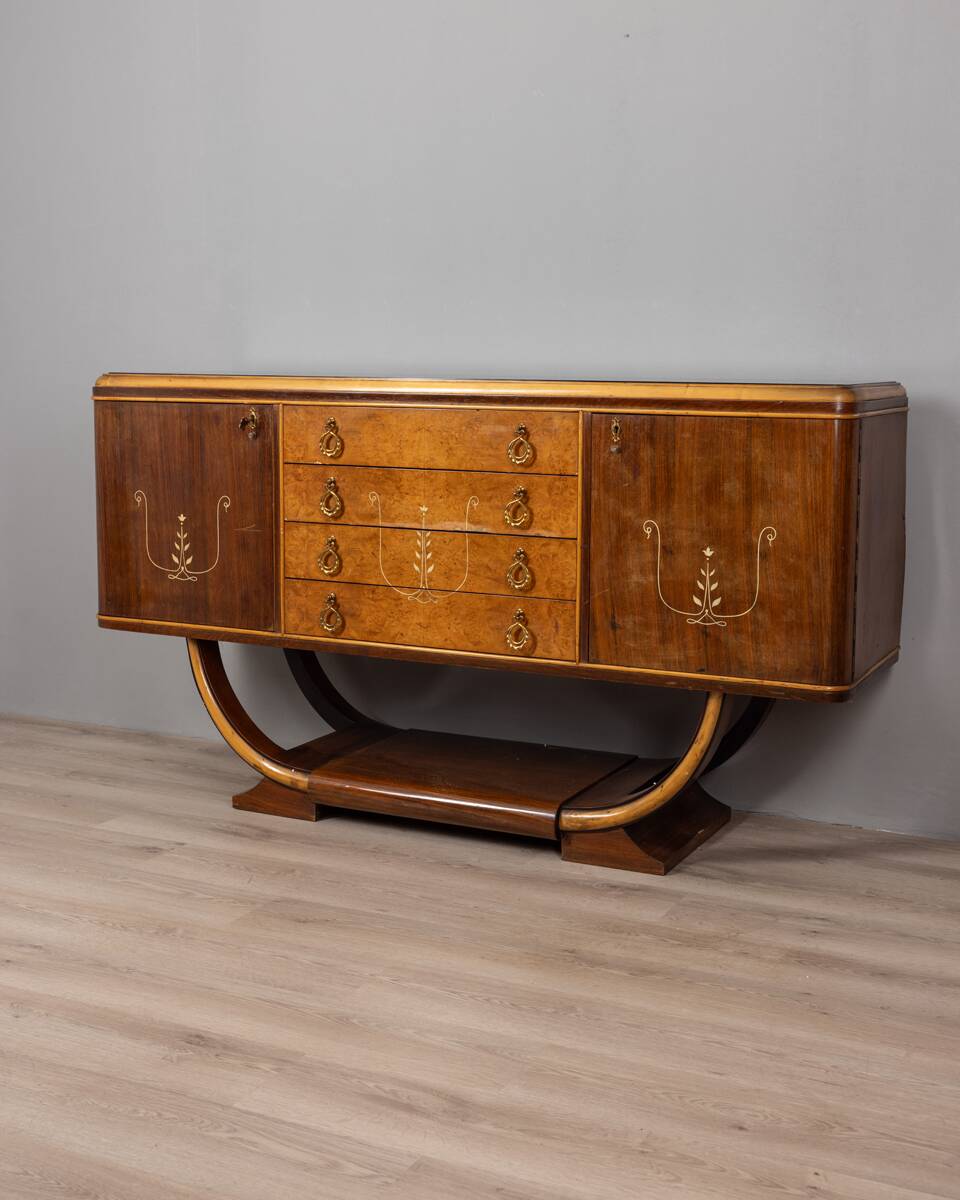 SIDEBOARD VINTAGE 30'S SIDEBOARD IN WOOD AND GLASS ITALIAN ART DECO DESIGN