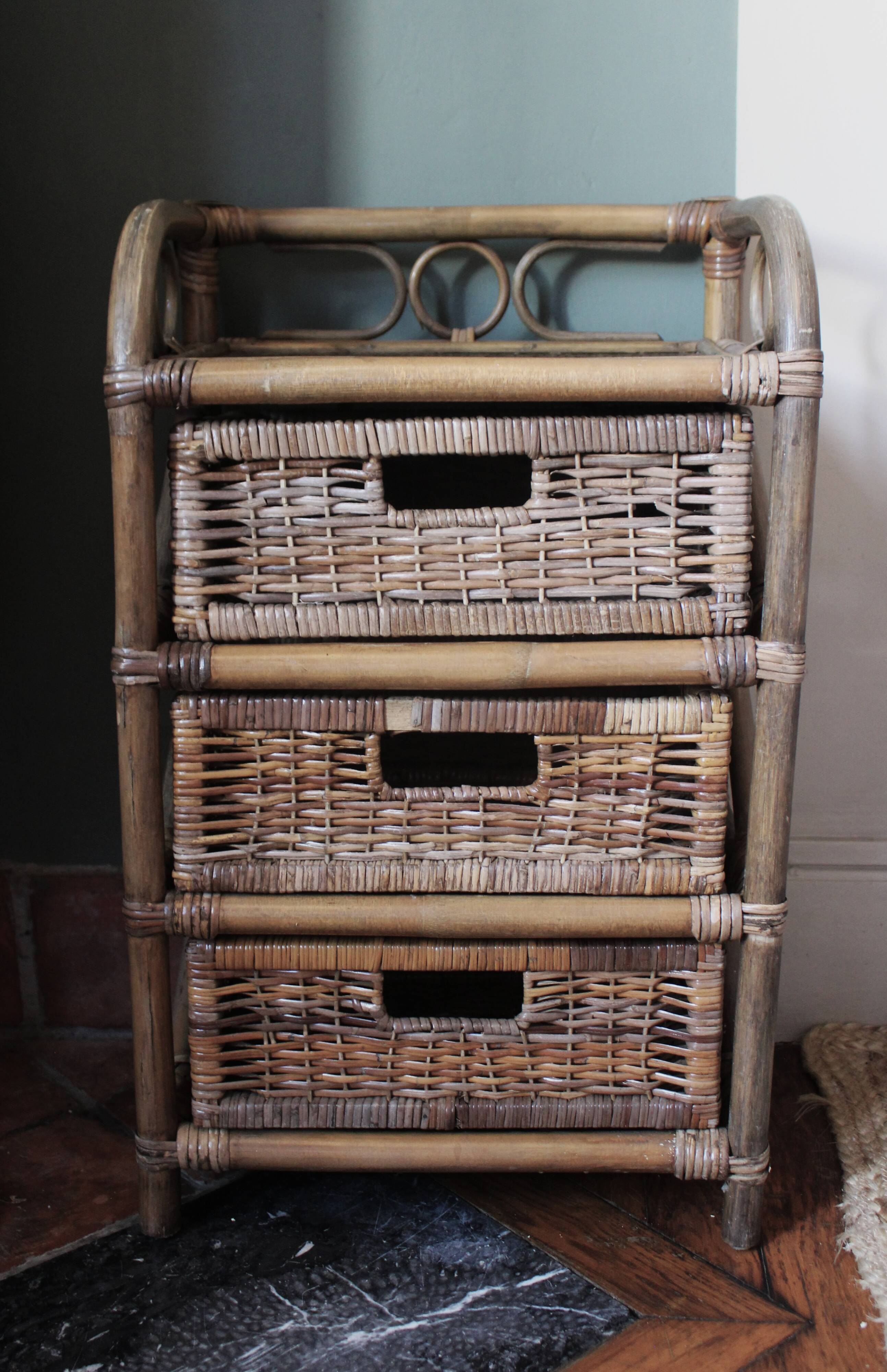 Chiffonnier rotin osier 3 tiroirs meuble rangement vintage