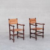 Pair of mid-century oak and rush french armchairs