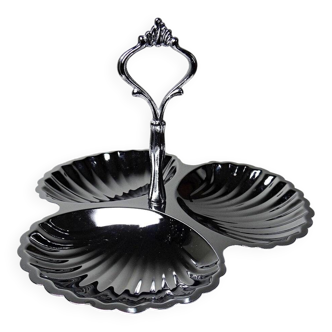 Vintage three-bowl server in silver-plated metal, shell decoration 1970-80.