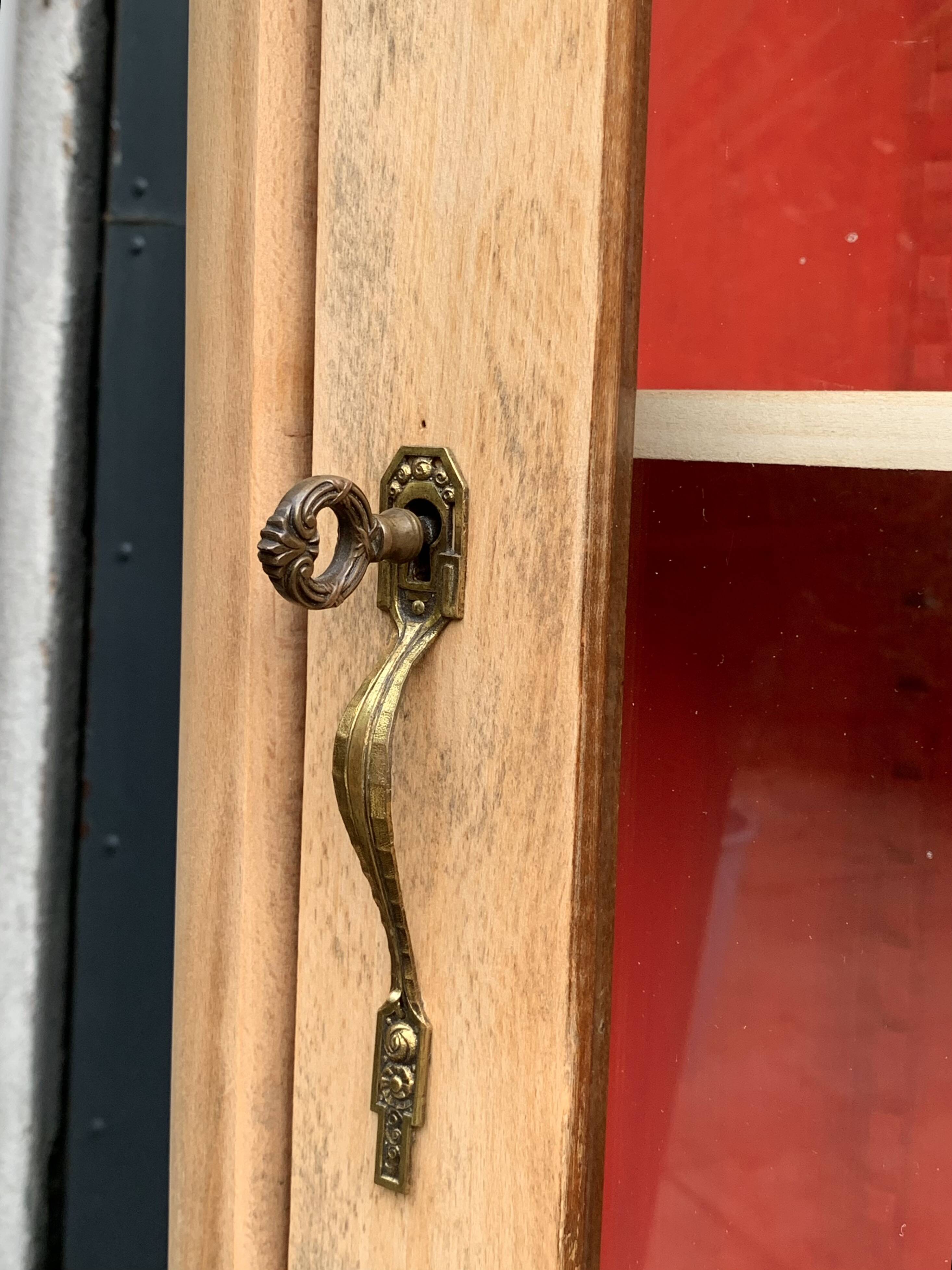 Vintage glass-fronted cabinet, raw wood, 1950s