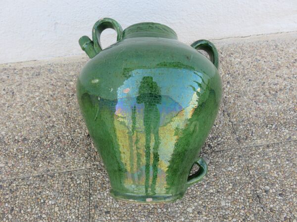 Ancienne jarre à huile en terre cuite vernissée vert, fin XIXème