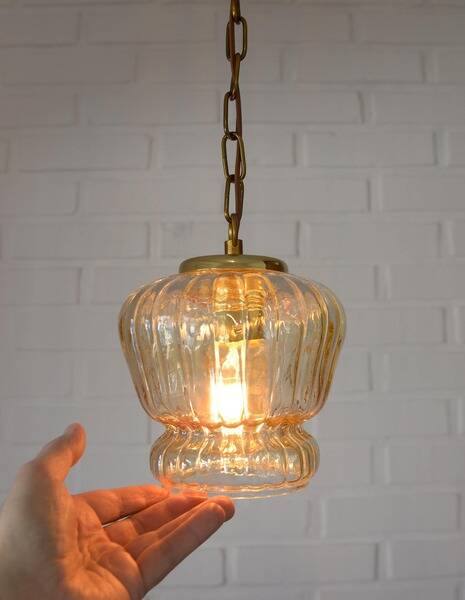 Vintage old gold pendant light, amber glass, 1960s chain lamp