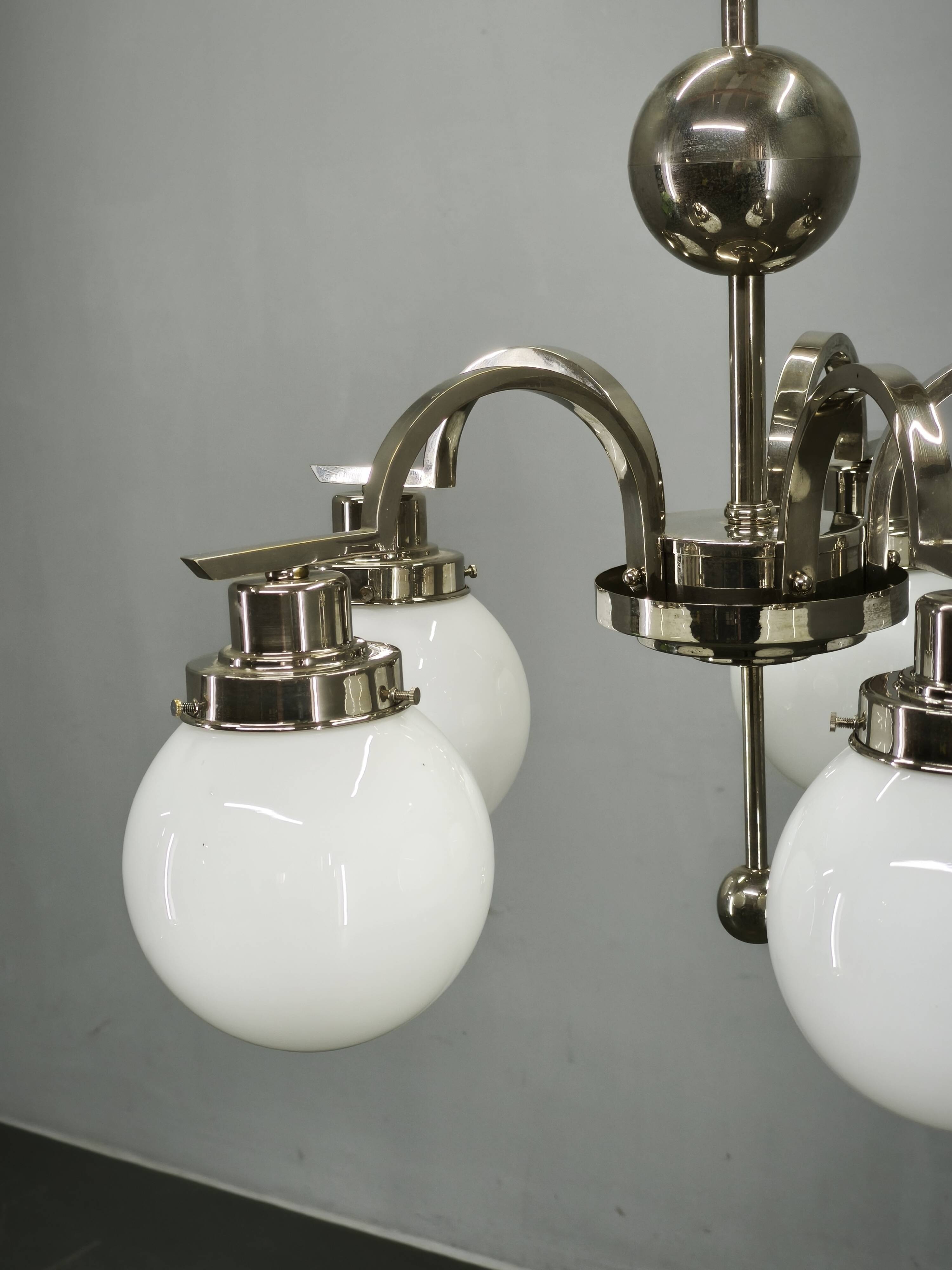 Art Deco Five-Light Chrome Chandelier, Czechoslovakia, 1930s