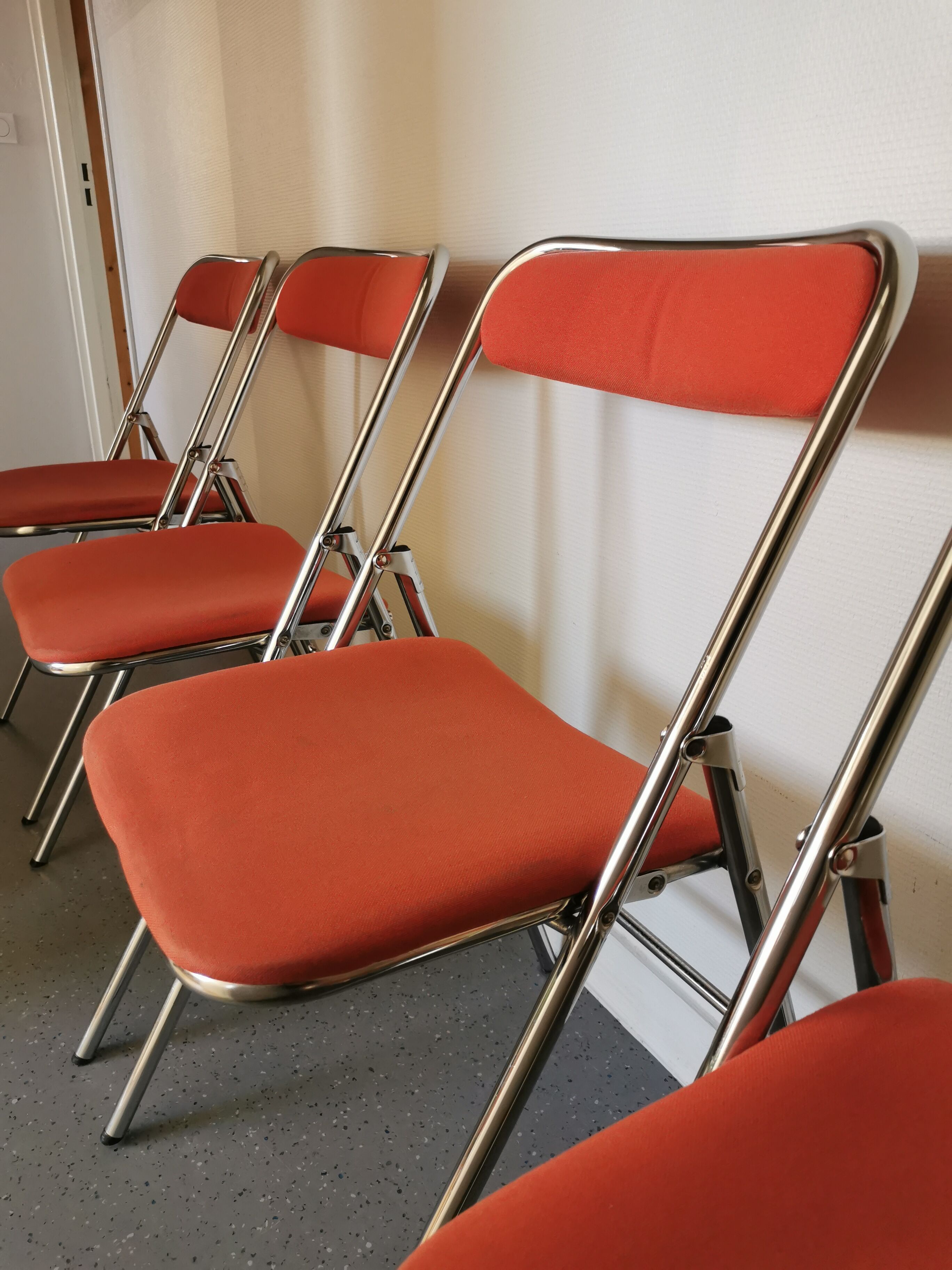 4 red and chrome folding chairs, Plichaise by Souvignet, France, 1970