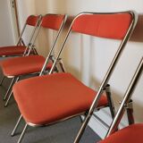 4 red and chrome folding chairs, Plichaise by Souvignet, France, 1970
