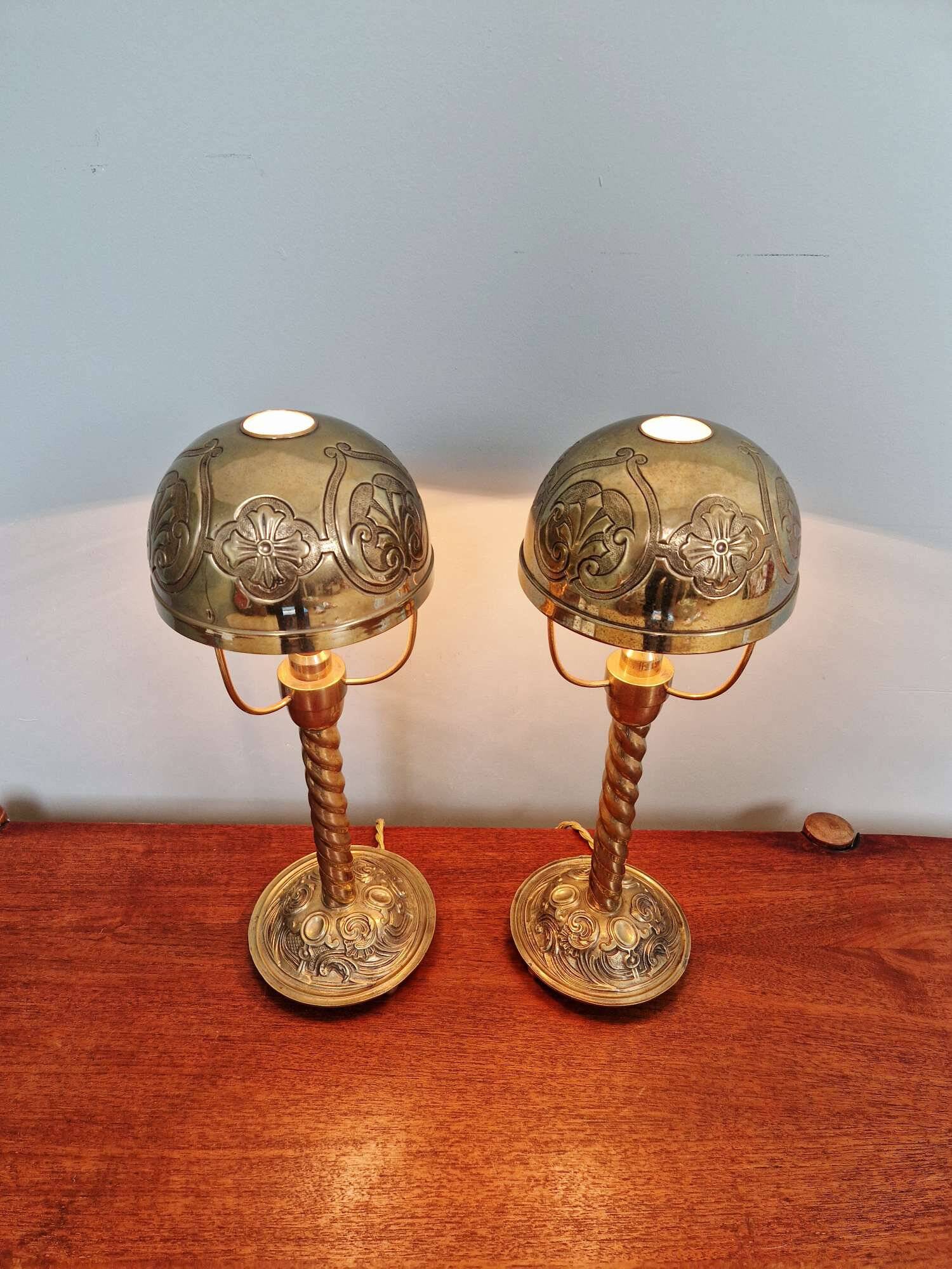 Pair of bronze and brass table lamps, early 20th century