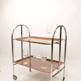 Chrome-plated metal and plywood serving trolley, 1970