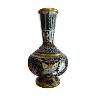 Vase col long émaux cloisonné chine zi jin cheng fleurs / papillons signé