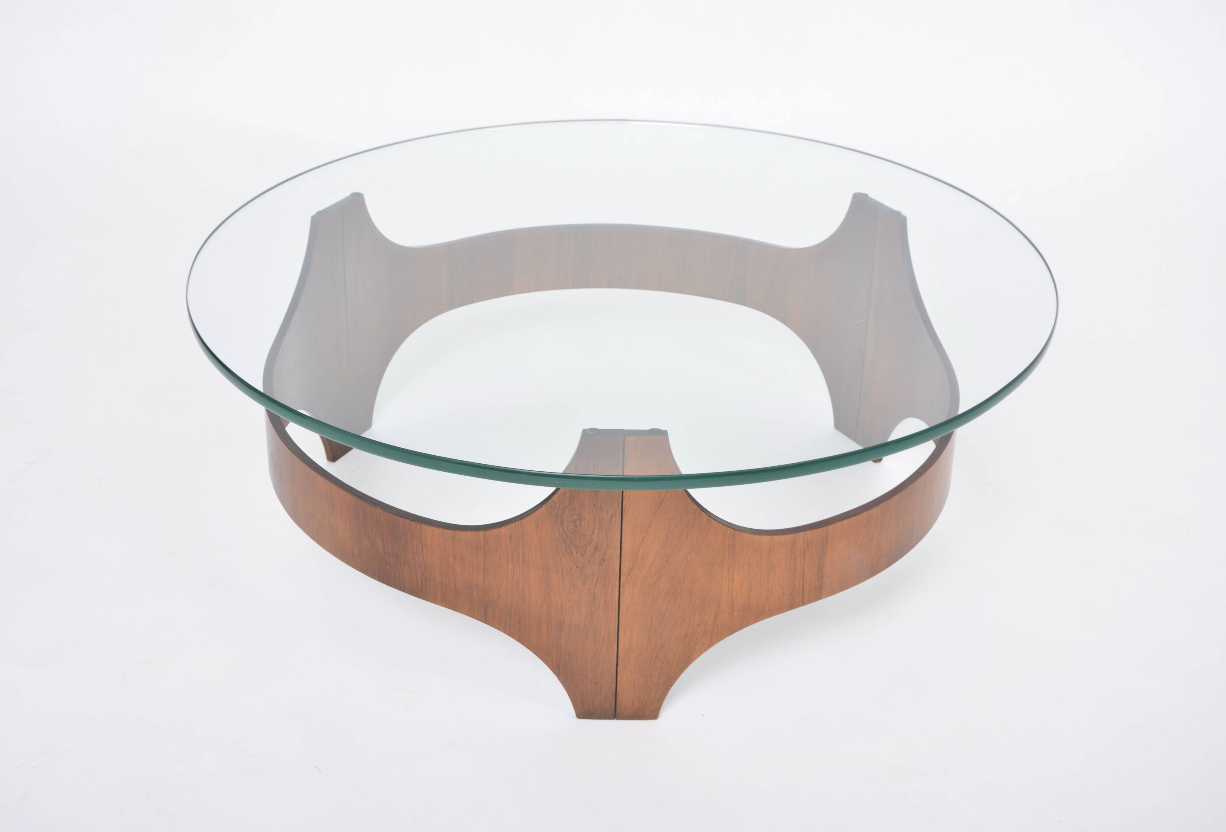 Mid-Century Circular Coffee Table with Wooden Base and Glass Top