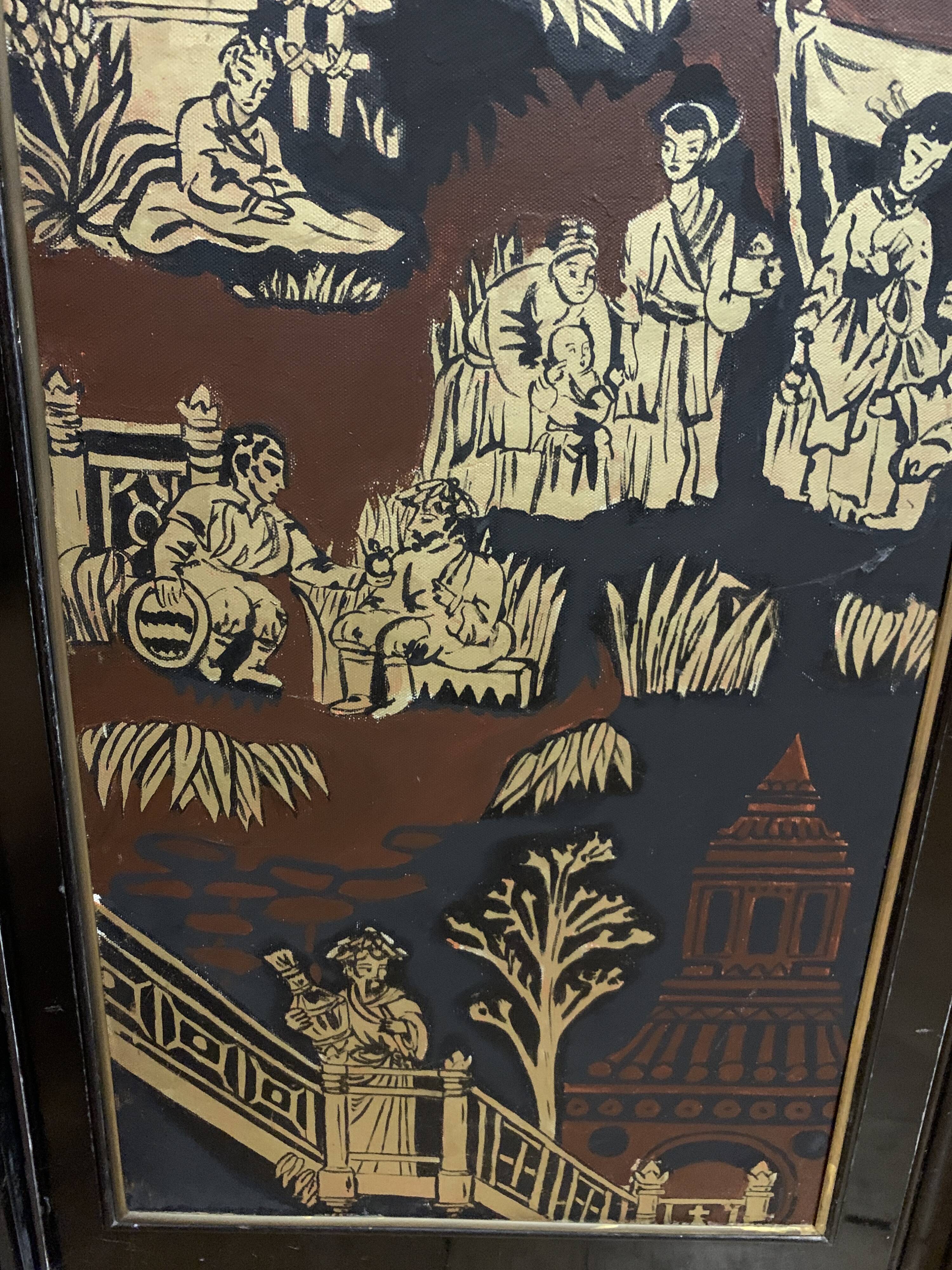 Screen with Japanese decor and black lacquer