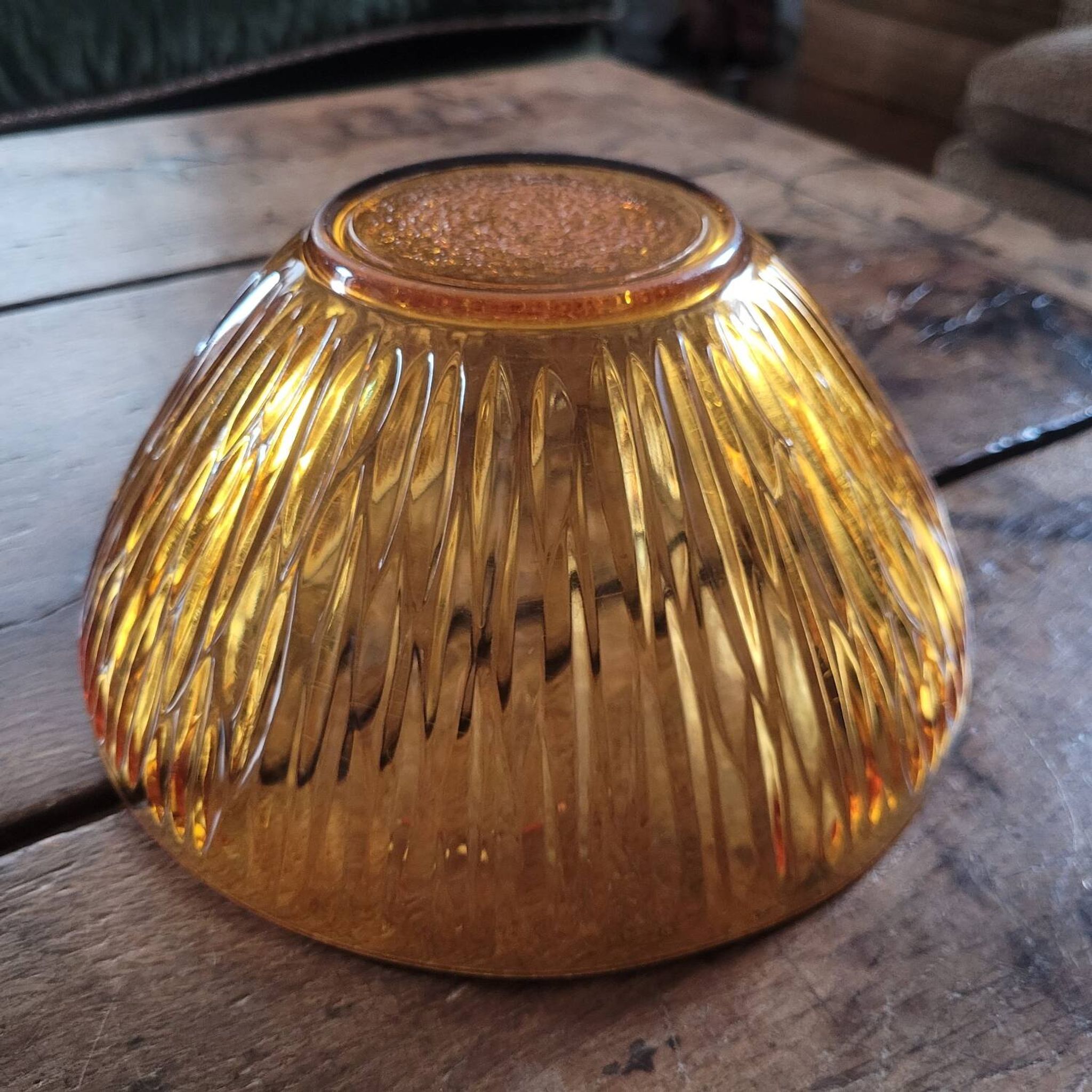 Vintage ribbed amber glass salad bowl – France 1970