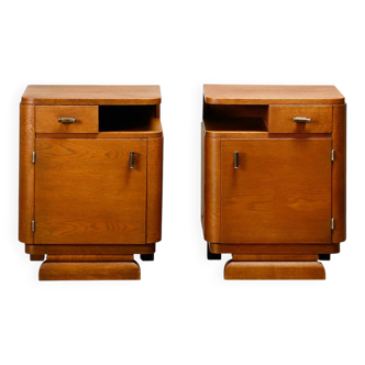 Pair Art Deco Nightstands or Bedside tables Oak and Glass, Netherlands, 193