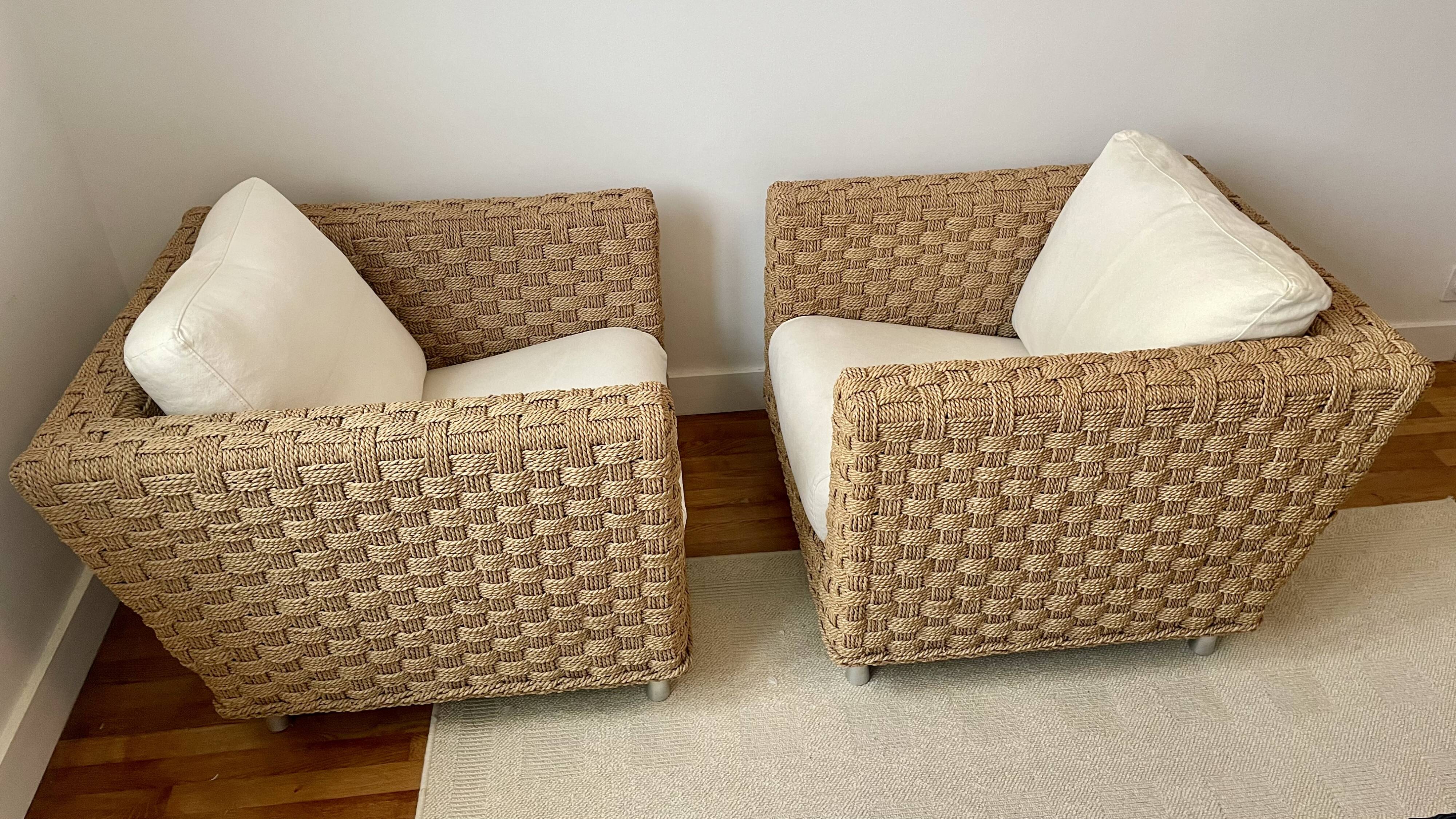 Pair of Ligne Roset Wicky armchairs by Didier Gomez in braided rope.
