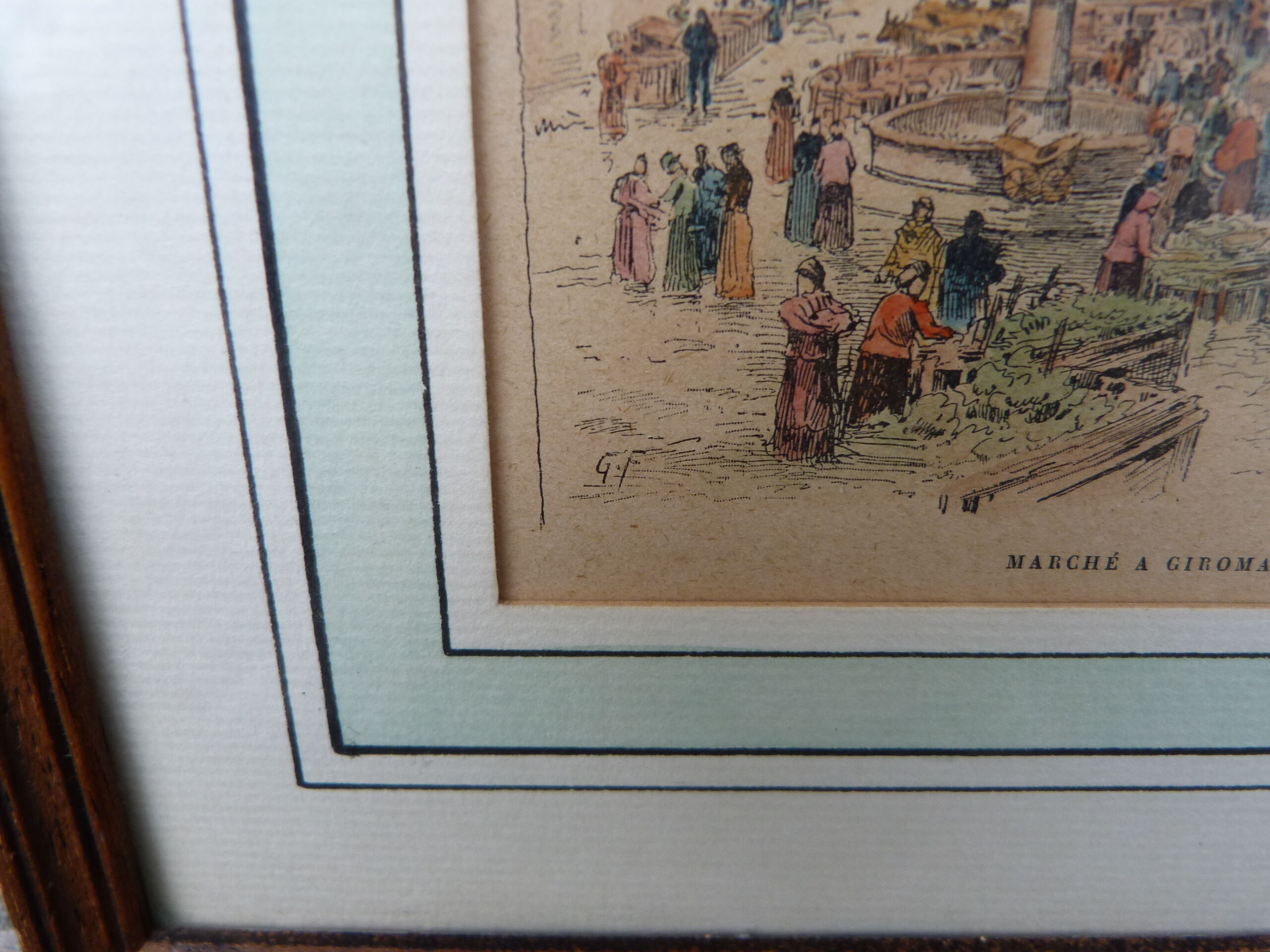 Enhanced watercolor engraving Giromagny market signed G.F