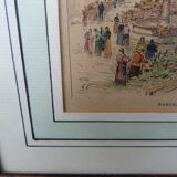 Enhanced watercolor engraving Giromagny market signed G.F