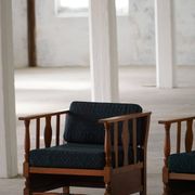 Art Nouveau, pair of oak lounge chairs, reupholstered in style fabric, 1920s.