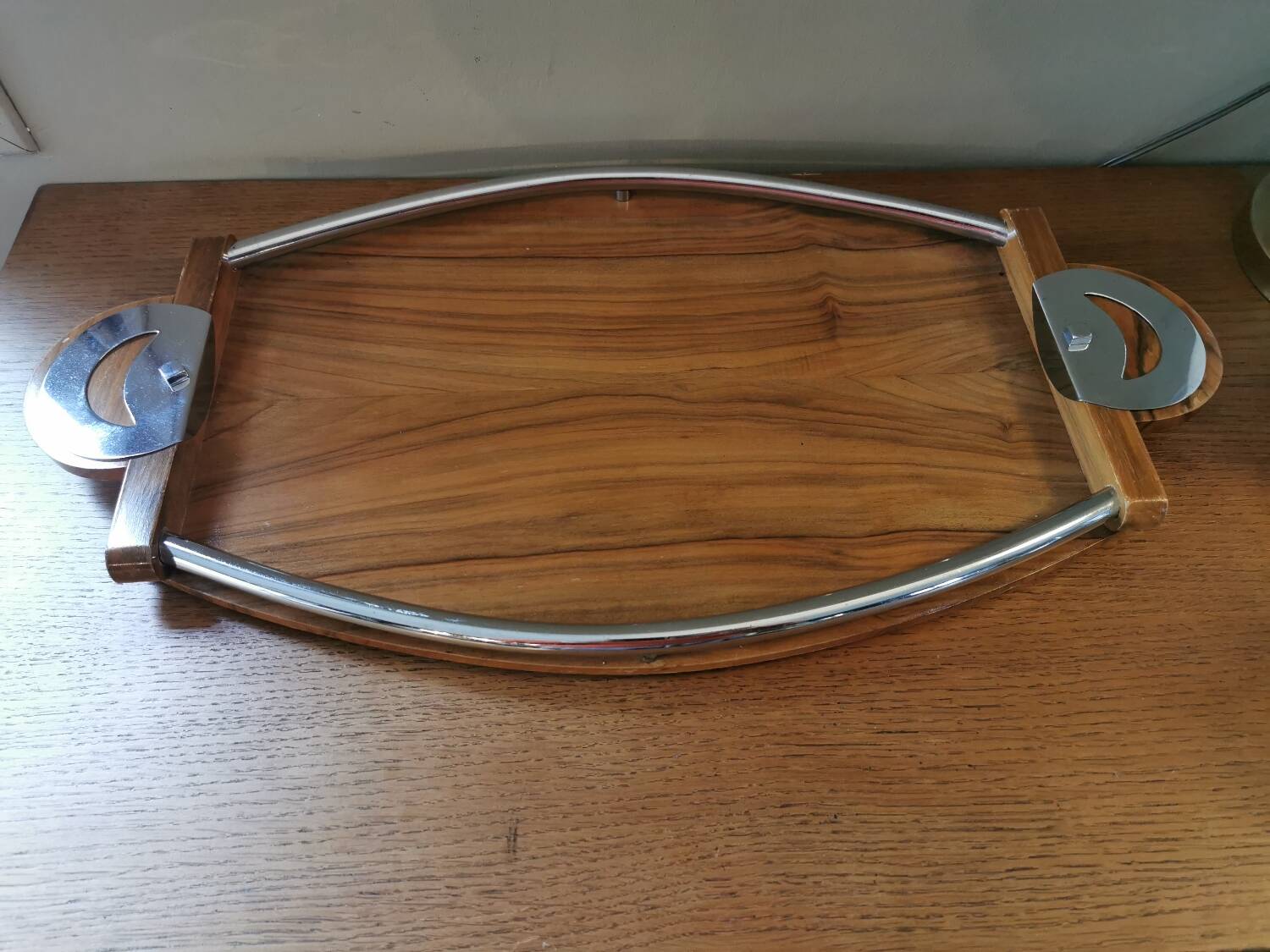 Large Art Deco tray in wood and chrome-plated metal
