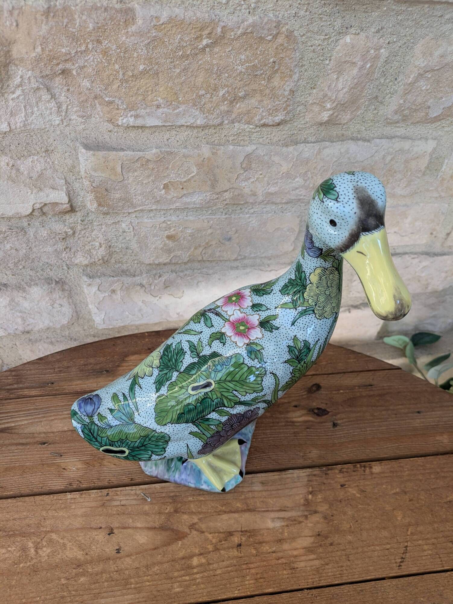 Very beautiful polychrome decorative duck cane statue in Porcelain from Par