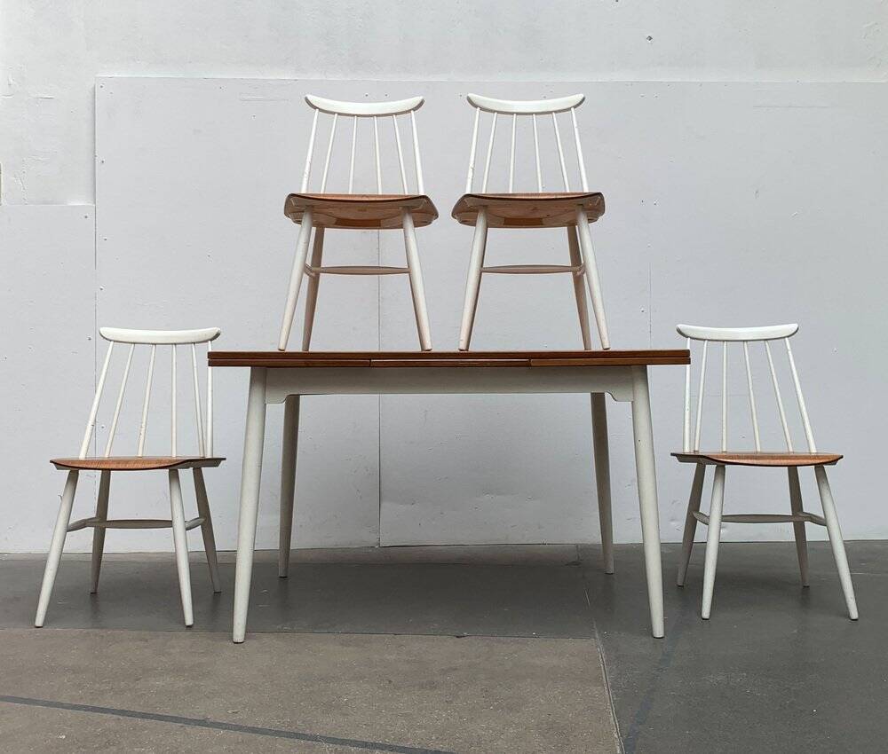 Teak mid-century table and Fanett chairs by Ilmari Tapiovaara for Asko, set of 5.