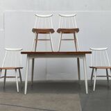 Teak mid-century table and Fanett chairs by Ilmari Tapiovaara for Asko, set of 5.