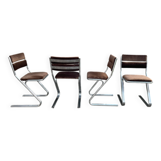 Set of 4 brown velvet zigzag chairs 1970