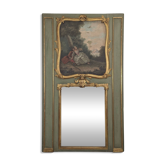 Louis XV trumeau in green lacquered wood with a gallant scene.