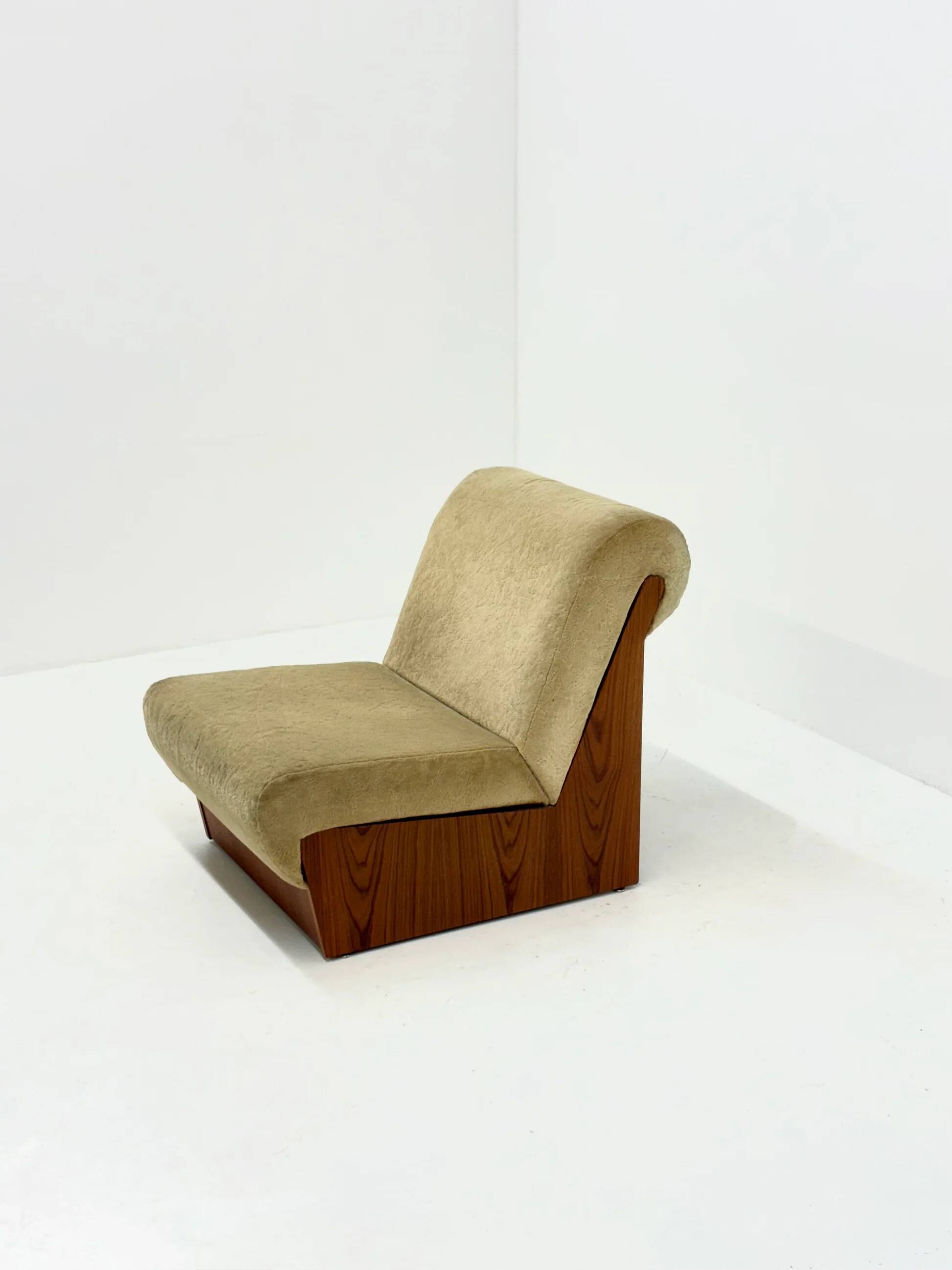 Vintage mid-century beige armchair with wooden frame and ottoman