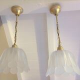 Pair of pendant lamps bell in frosted glass style art deco