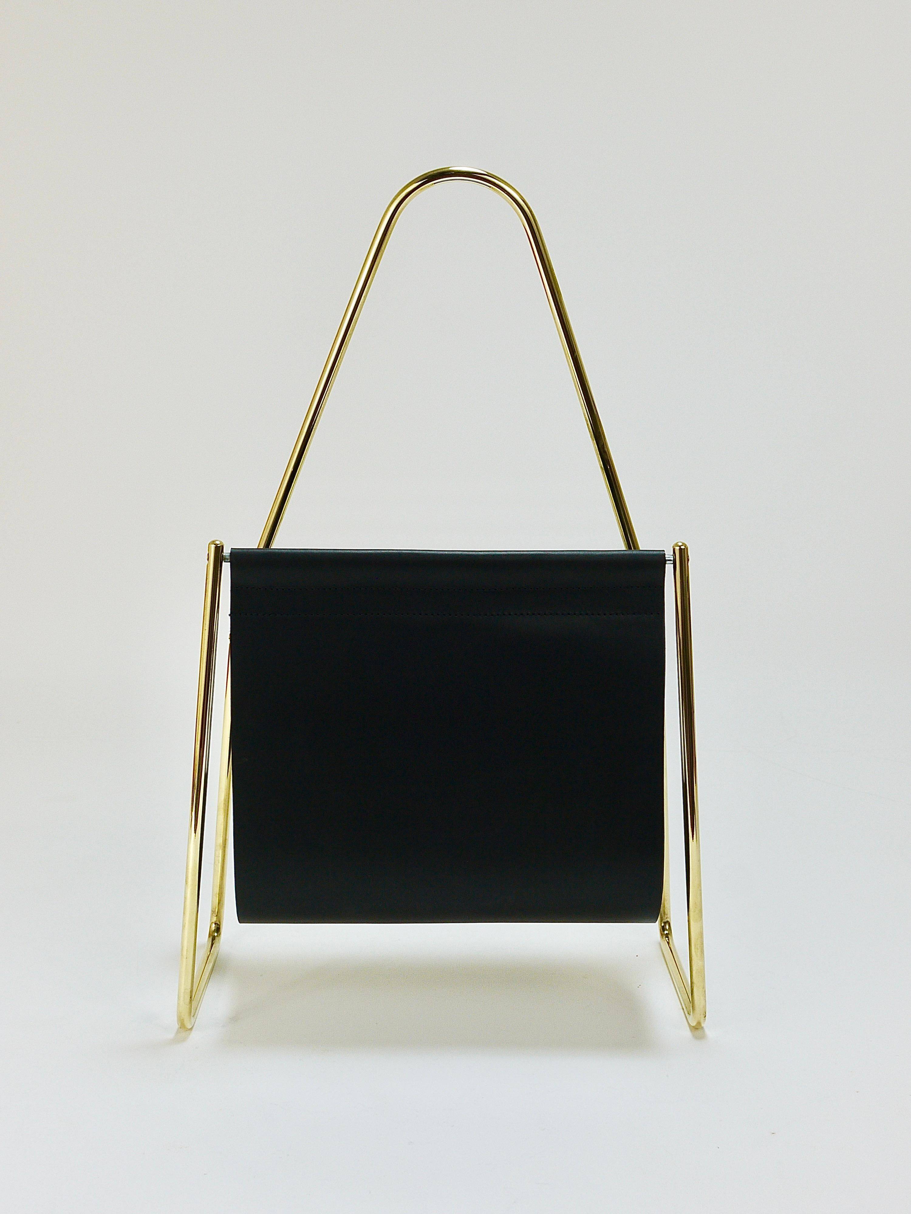 Carl Auböck II Midcentury magazine rack, brass and black leather, vintage, Austria