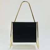 Carl Auböck II Midcentury magazine rack, brass and black leather, vintage, Austria