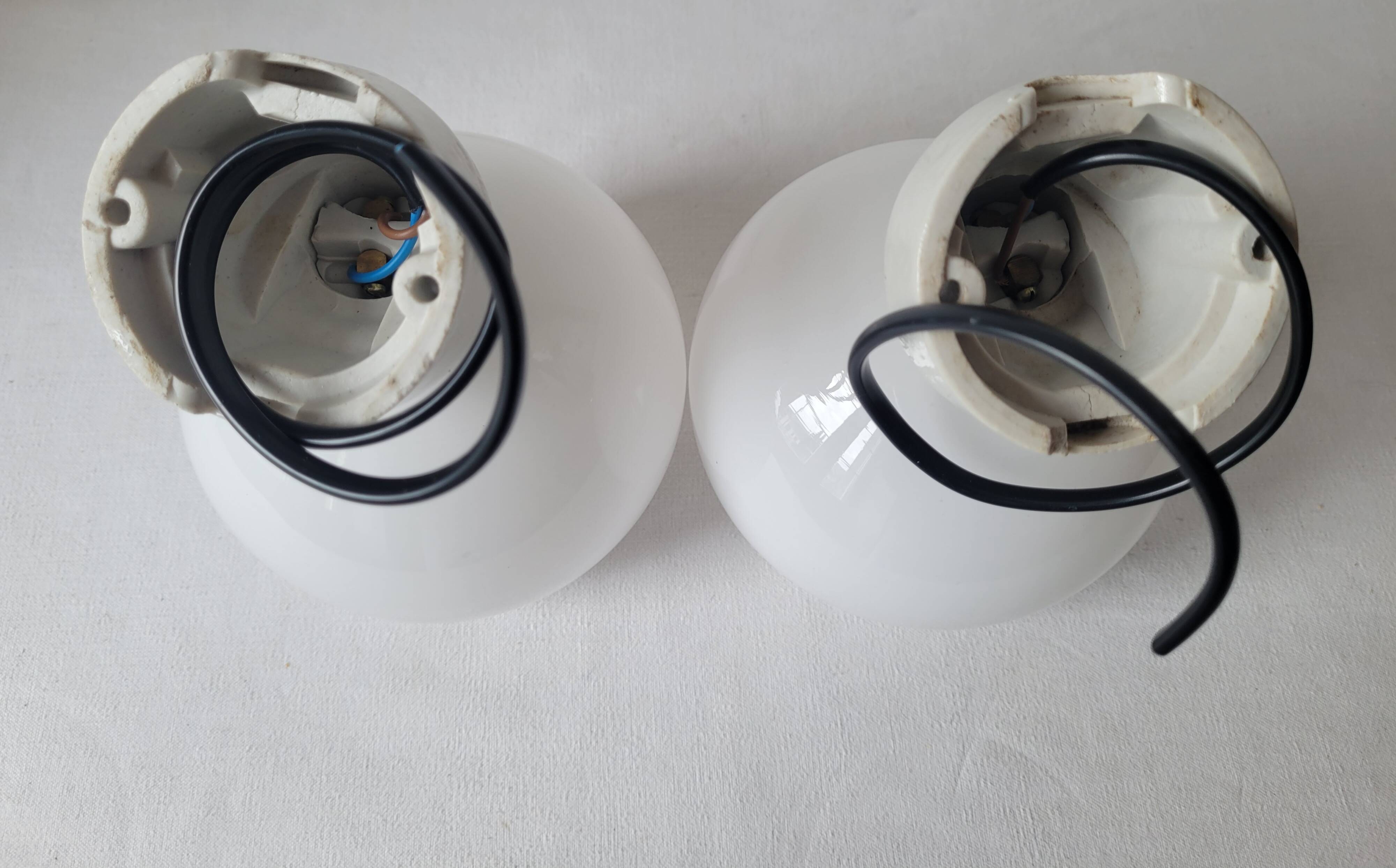Duo of opaline and porcelain pendant lights