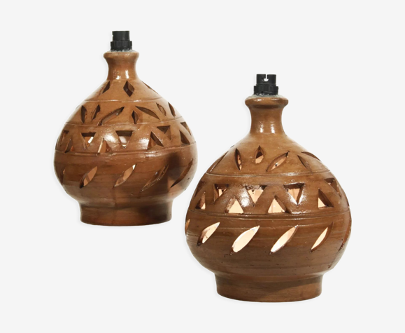 Paire de pieds de lampes vintage double éclairage terre cuite ajourée