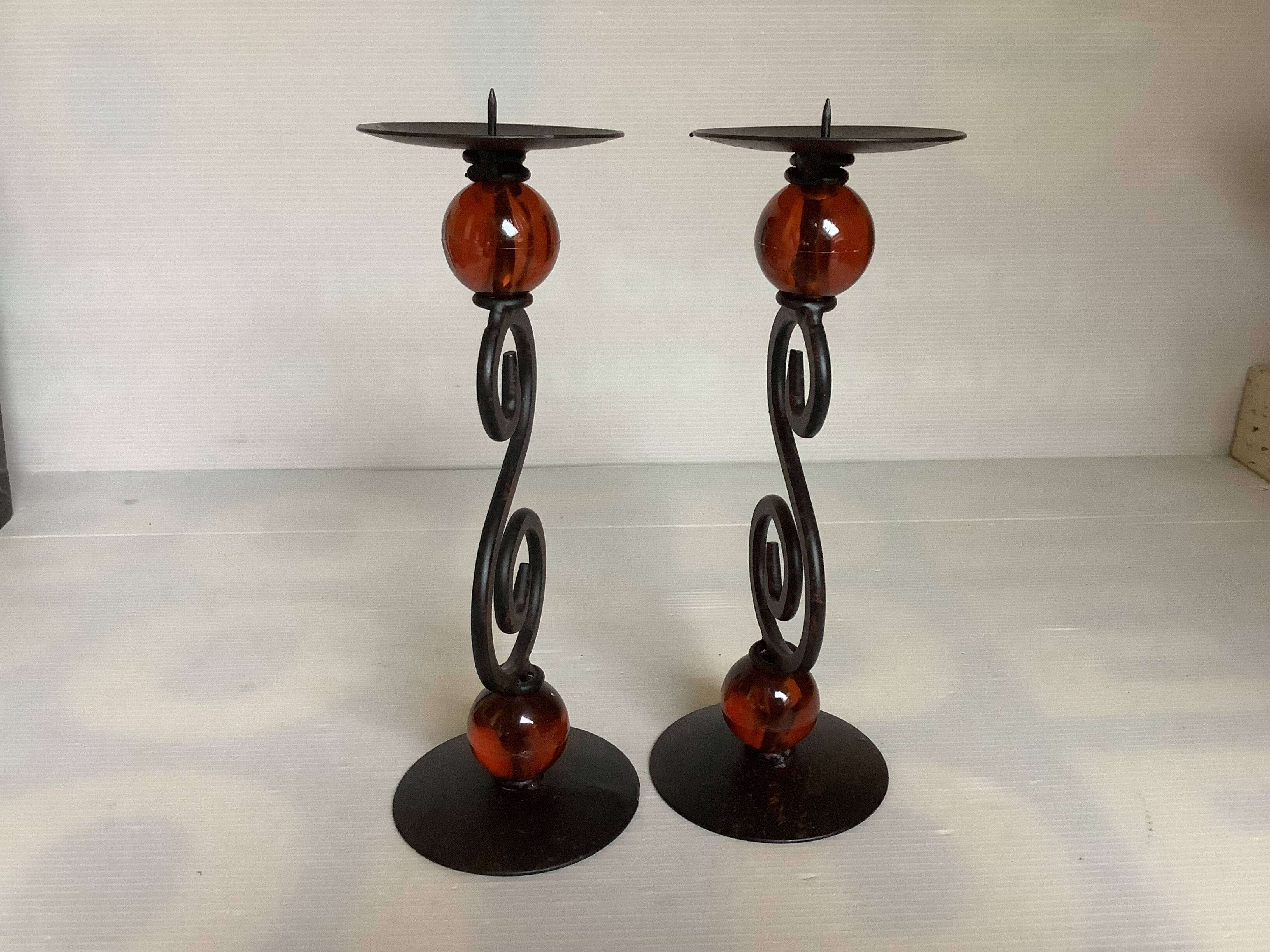 Pair of spiral candlesticks and beads