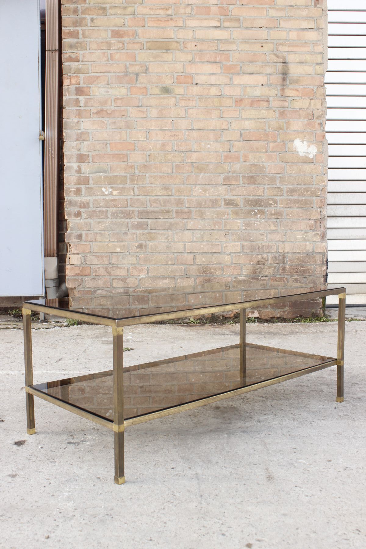 Table coffee in brass, bronze and smoked glass, France, 1950