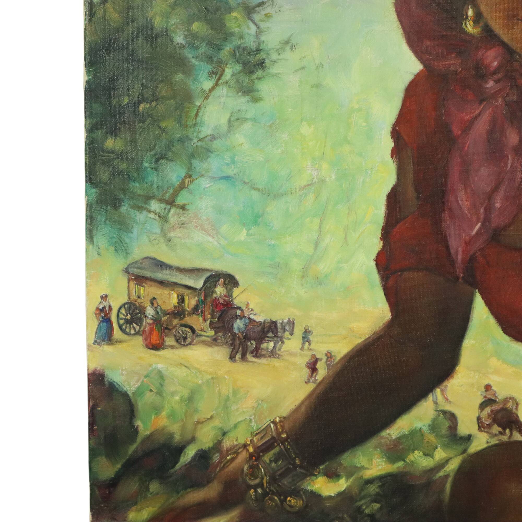 Large Painting Gypsy Young Woman Oil on Canvas 1964