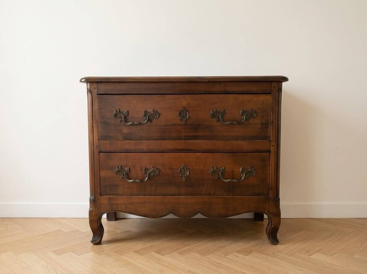 Antique walnut chest of drawers with two drawers.