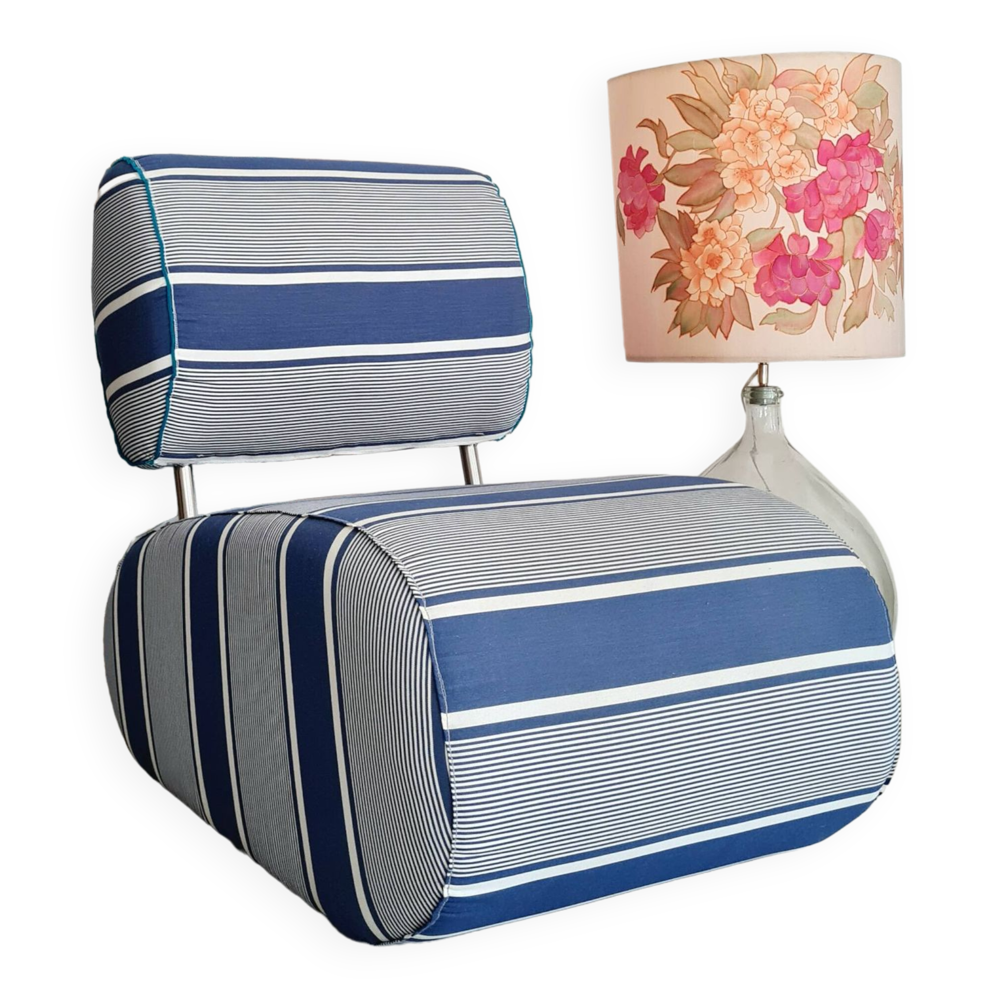 Curved armchair with blue and white stripes