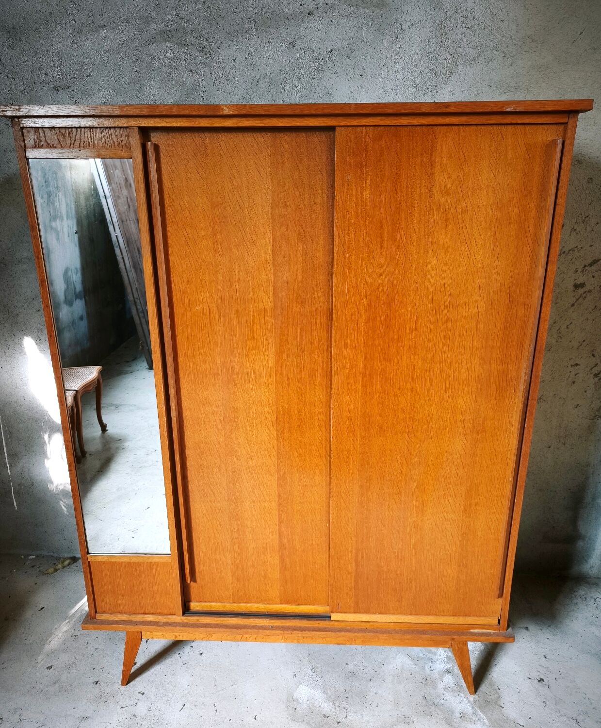 Vintage Scandinavian wardrobe, tapered legs, sliding door.
