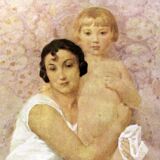 Lithographie "La mère et l'enfant" par Gustave Lorain, 1930.