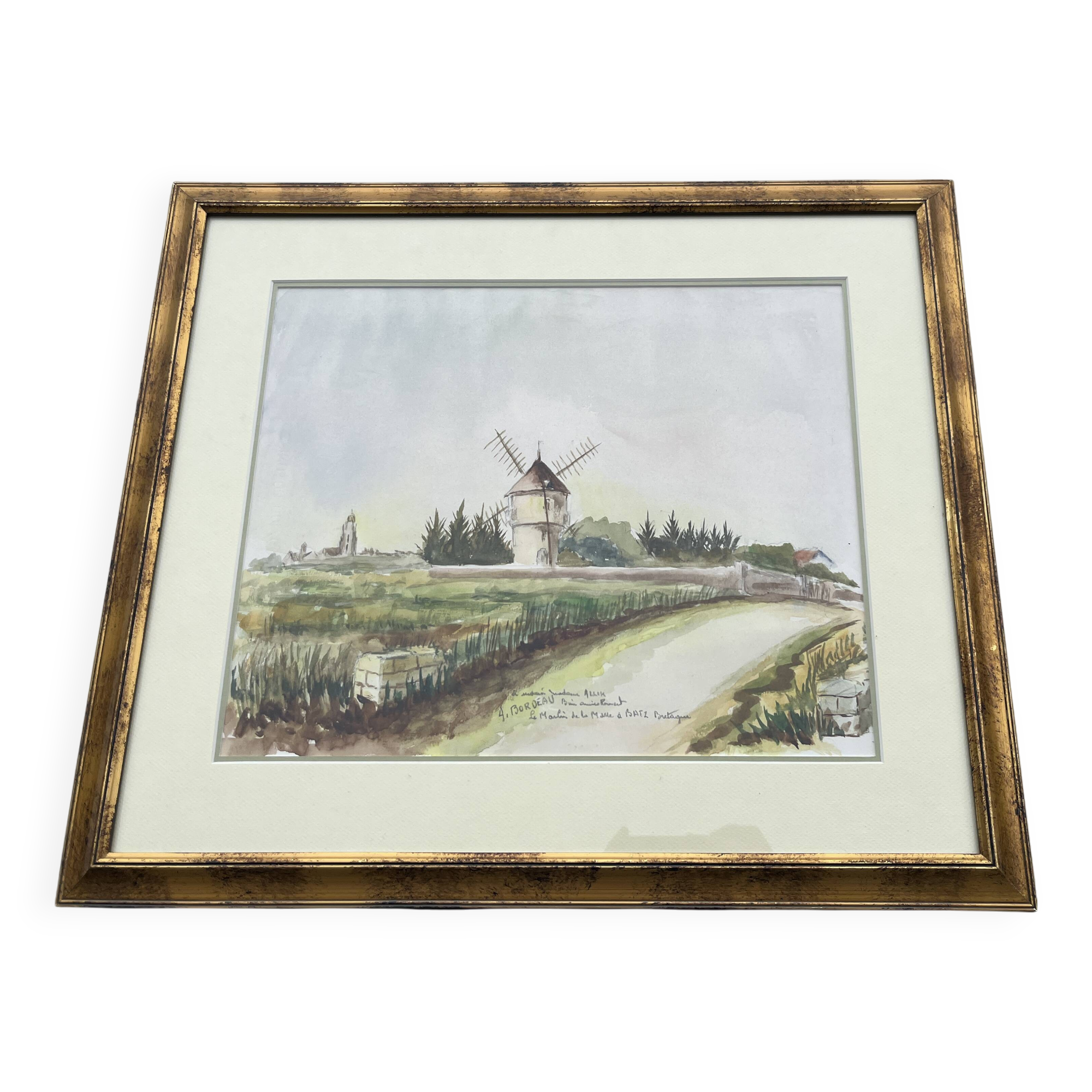 The Mill in Batz, Brittany – Watercolor signed "Bordeau"