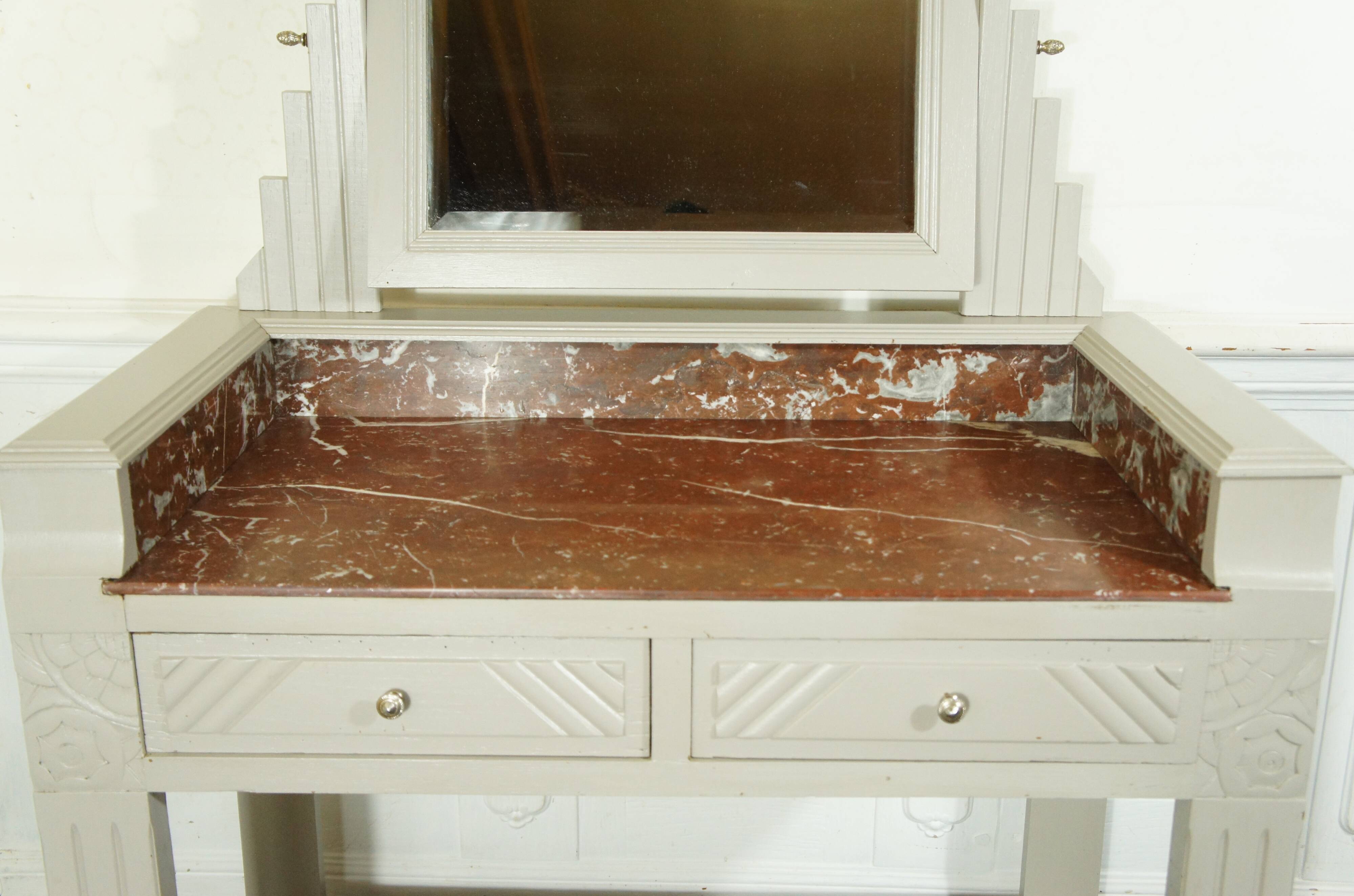 Coiffeuse Art Deco marbre rouge et miroir pivotant