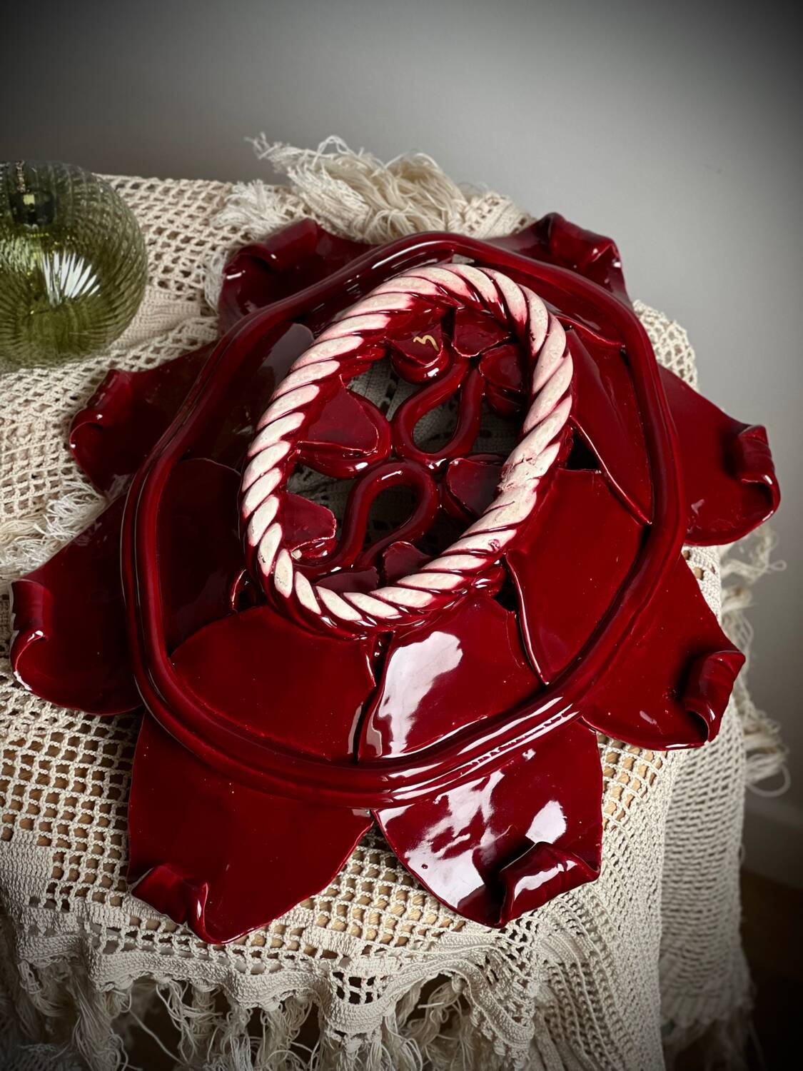 Woven ceramic basket with petals in oxblood slip / baroque style, eclectic