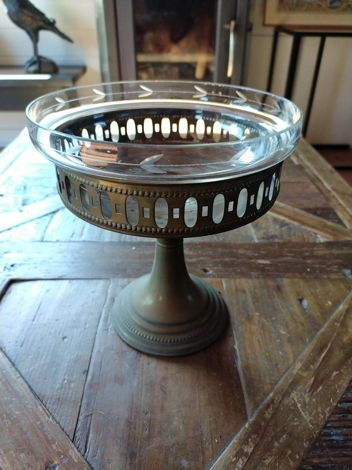 Copper and glass fruit bowl or compote dish Art Deco