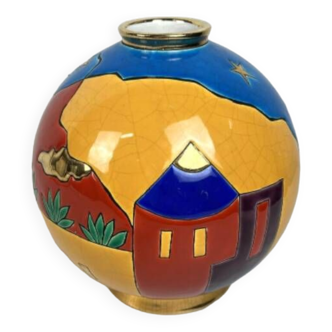 Emaux de Longwy Vase Boule décor "Santa fé"