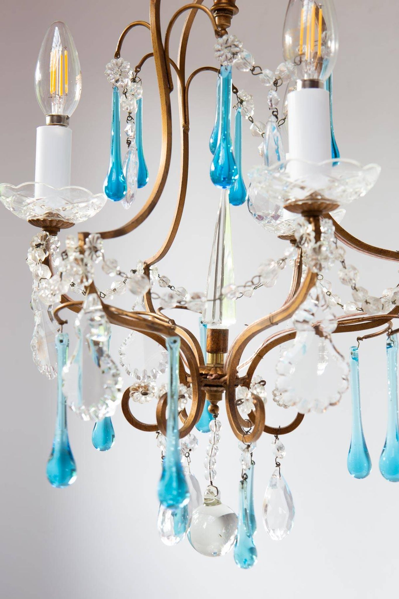Italian chandelier in gold metal cage with blue drops circa 1960