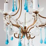 Lustre Italien cage metal doré gouttes bleues vers 1960